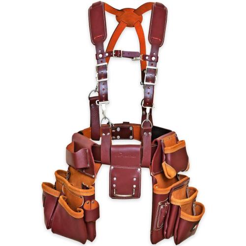 Leather PRO-19 100% Genuine Full Grain Leather Tool Belt/Pouch/Bag, Tool Belt with Suspenders, Comfort Back Support Tool Pouches with Suspenders for Construction,Framers, (Maroon)