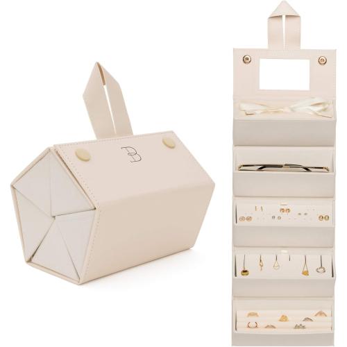 Travel Jewelry Organizer Jewelry Box – Luxurious, Compact Jewelry Travel Organizer w/ Necklace Holder, Earring Organizer, Ring Holder, Hidden Compartments Jewelry Roll Case w/ 5X Capacity! (BEIGE)